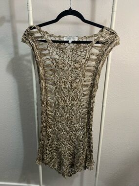 Pretty Angel Open-Knit Crochet Sweater Tunic in Taupe